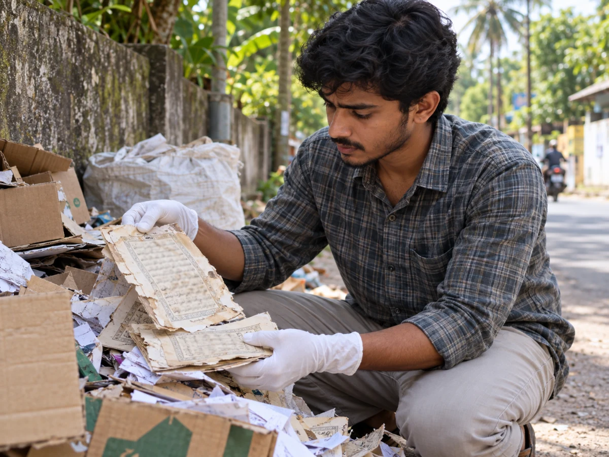 Batch A1 Picture 01 — Student recovering a Mus’haf from discarded waste